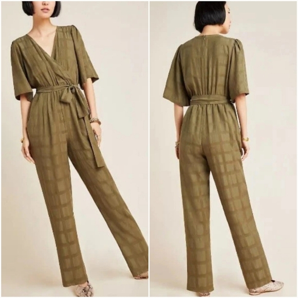 Anthropologie, New, Dolan Maia Olive Green Belted Surplice Jumpsuit SZ Medium - Picture 1 of 11